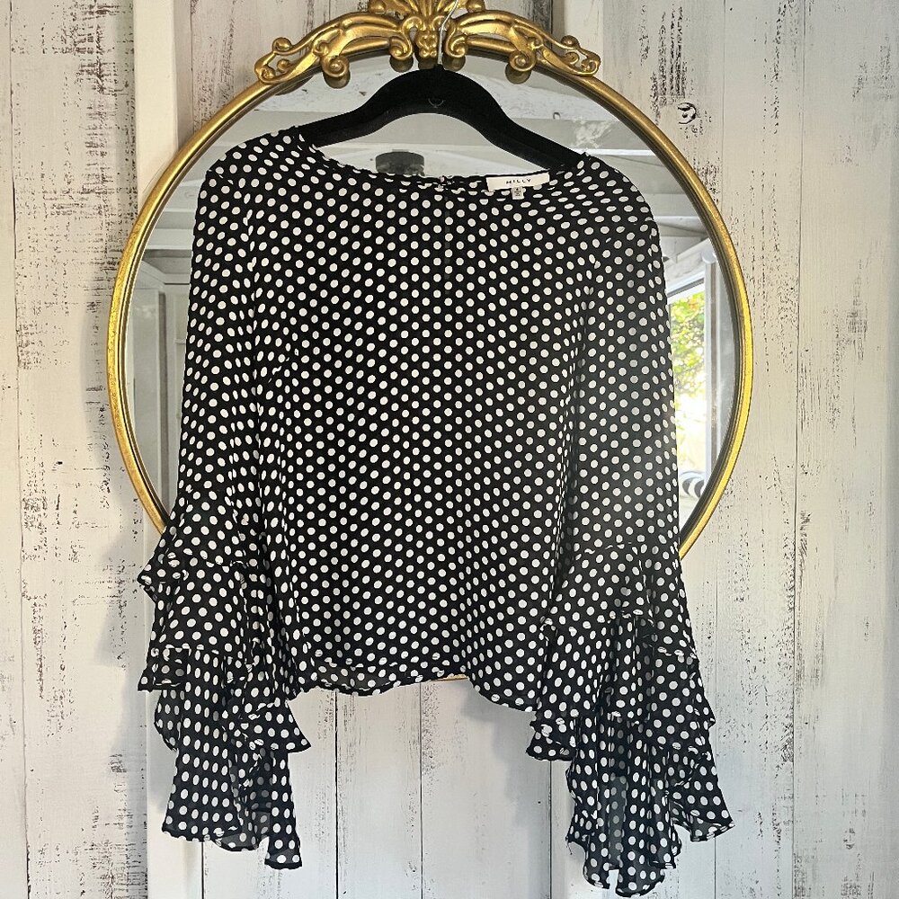 POLKA DOT CAPE SLEEVED BLOUSE - BLACK AND WHITE SIZE 4